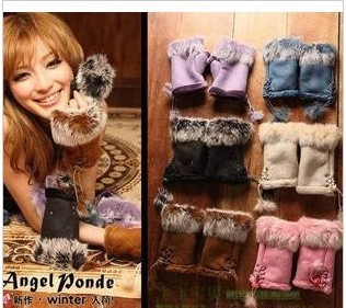 Free Shipping Suede Fabric Thermal Rabbit Fur Semi-finger High Quality Synthetic Leather Gloves Women Fashion Gloves