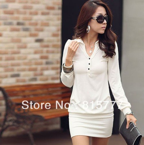 Free Shipping Summer 2013 Women Fashion Buttons Solid Slim Long-Sleeve Casual Cotton Ladies Dresses
