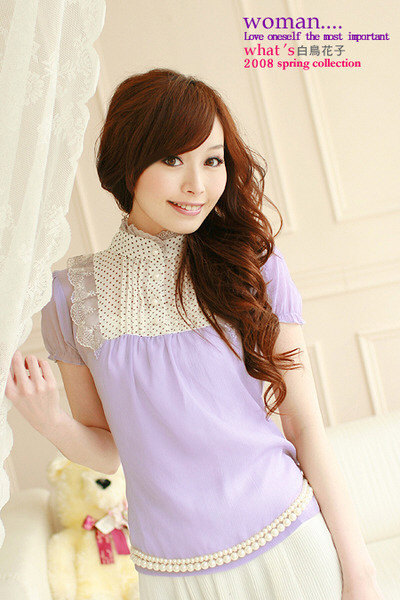 Free Shipping / Summer 7481 2011 stand collar dot chiffon shirt