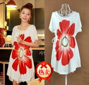 Free shipping Summer big red flower maternity t-shirt long design 100% cotton maternity top maternity short-sleeve T-shirt