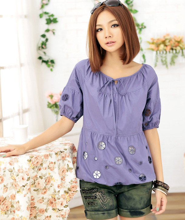 Free shipping summer big size clothing blouse for women 2012 short sleeve front bowknot 2 colors L-XXXL