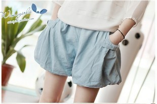 Free Shipping Summer bow pocket light blue lantern plus size loose culottes 1115 1b