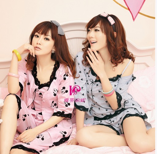 free shipping Summer casual three piece set cartoon sleepwear knitted cotton short-sleeve sleep set 99327