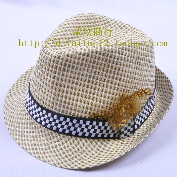 Free Shipping Summer child fancy cadet cap fashion feather sunbonnet strawhat fedoras jazz hat beach cap