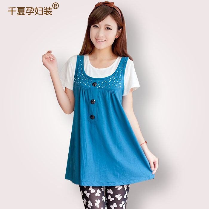 Free shipping Summer clothes maternity clothing diamond fashion faux two piece loose t-shirt