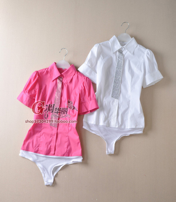 free shipping  summer cool rhinestone bow tie prettifier slim waist short-sleeve one piece shirt female shirt cs-267