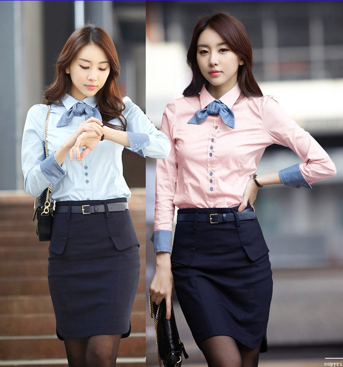 Free shipping Summer Dark Blue western dress color block shirt long-sleeve work wear skirt dress set