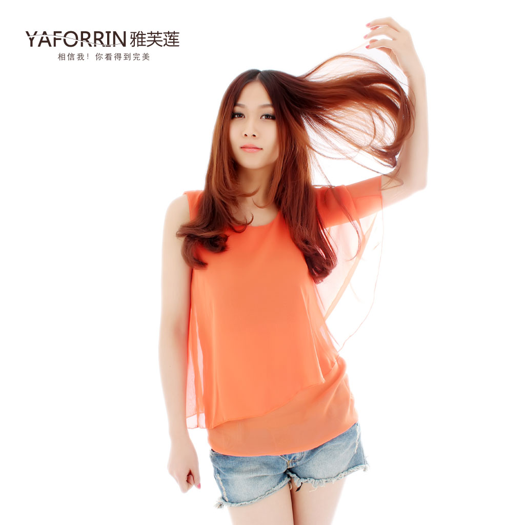 free shipping Summer double layer irregular strapless pearl chiffon shirt short-sleeve T-shirt basic