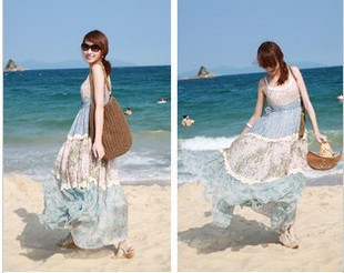 Free shipping Summer dress  2012 women chiffon dress bohemia style maxi beach dress patchwork graceful design  T0005