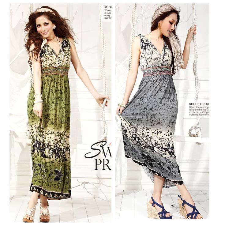 Free shipping summer dress 2012 women fashion V-neck  vest maxi long dress bohemia sexy printed beach dress  gray/green T0035