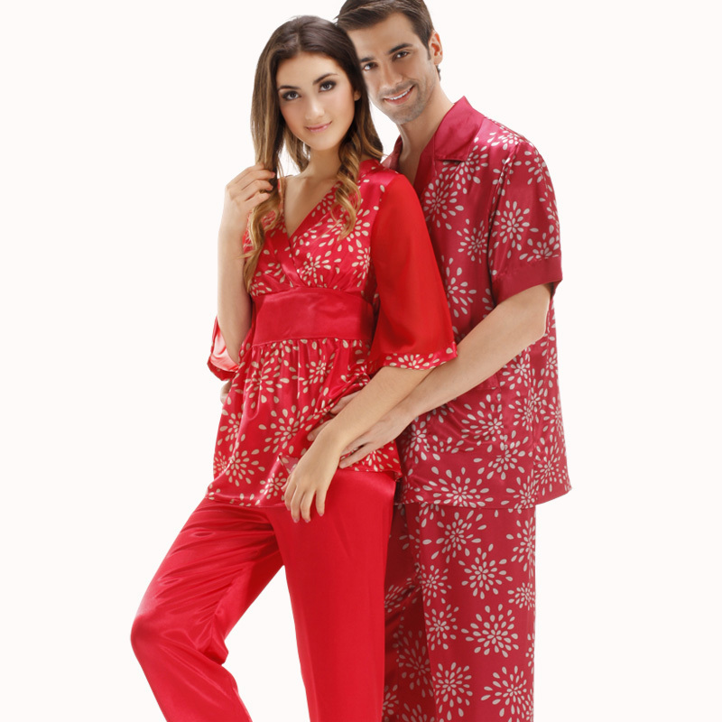 Free shipping Summer faux silk lovers sleepwear lounge set elegant noble male sleepwear short-sleeve 8009
