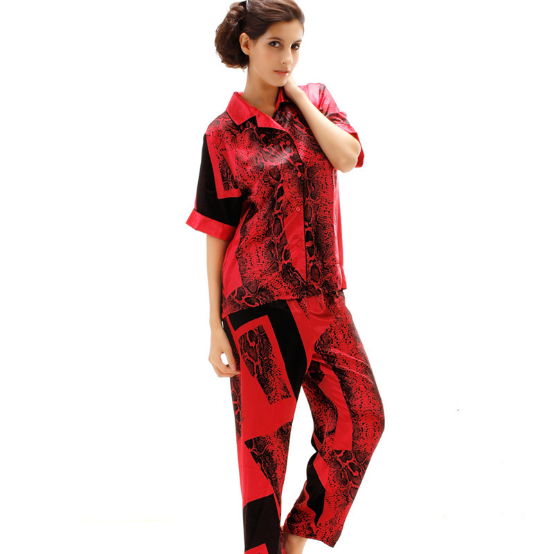 Free shipping Summer faux silk sleepwear lounge set elegant noble women's short sleeve length pants twinset