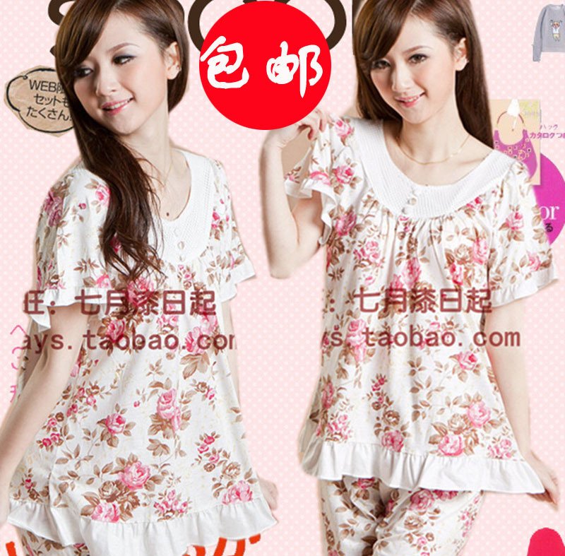 Free shipping Summer female cartoon sweet bow rose flowers 100% cotton 100% cotton short-sleeve nightgown sleepwear