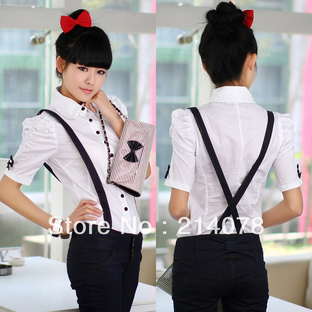 Free shipping summer female slim shirt women elegant blouse bows decoration