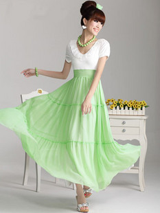 Free shipping Summer fruit green bohemia short-sleeve chiffon expansion bottom full dress one-piece dress