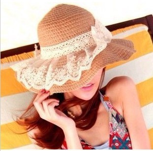 Free Shipping Summer lace decoration bow large brim strawhat anti-uv sun-shading hat big beach cap female