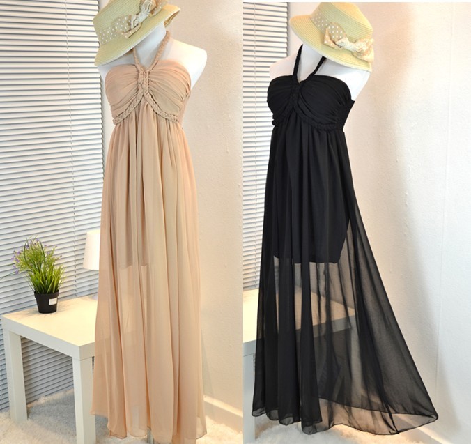 Free Shipping Summer ladies halter-neck belt pad tube top sexy high waist chiffon one-piece dress French full dress