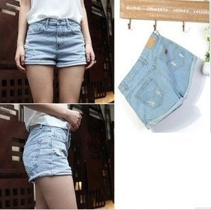 Free shipping Summer loose high waist denim shorts vintage roll-up hem lowing blue shorts female wholesale