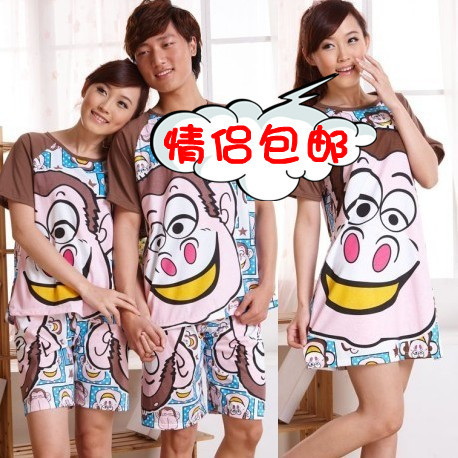 free shipping Summer lovers sleepwear female lovers set 100% cotton short-sleeve cartoon summer lounge male