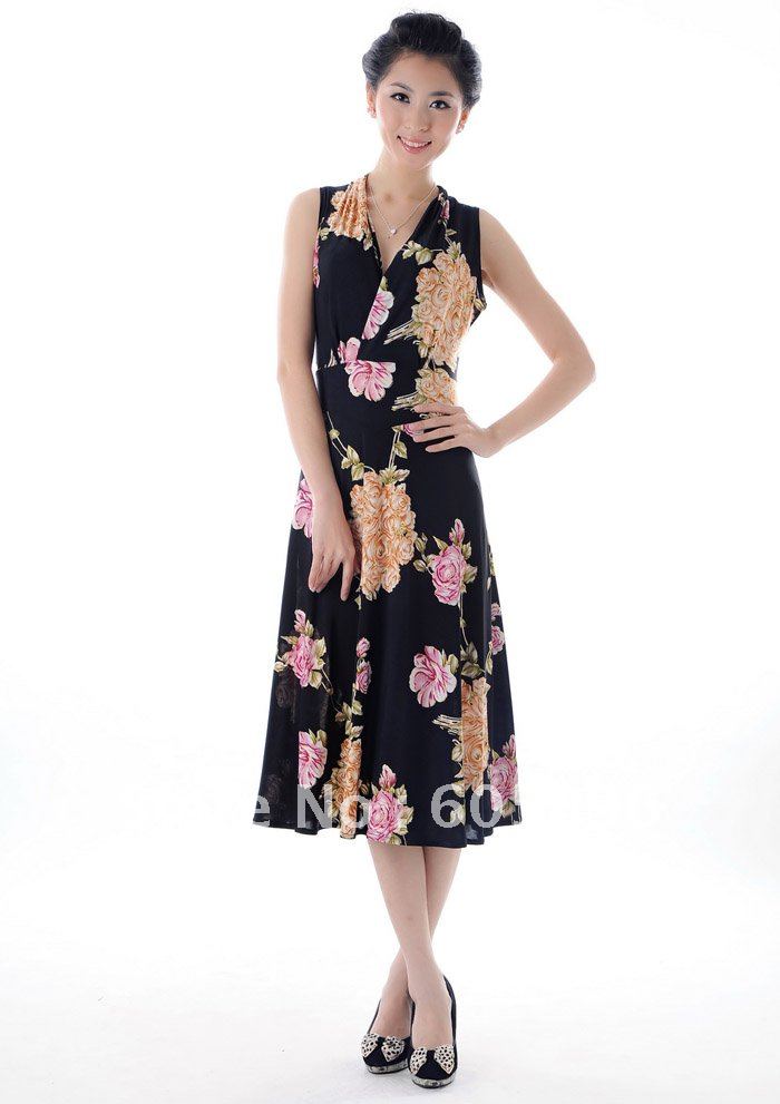 Free shipping-summer new arrival-ladies' dresses sleeveless V-neck L~XXXLsoft fabric stretchable-floral dress