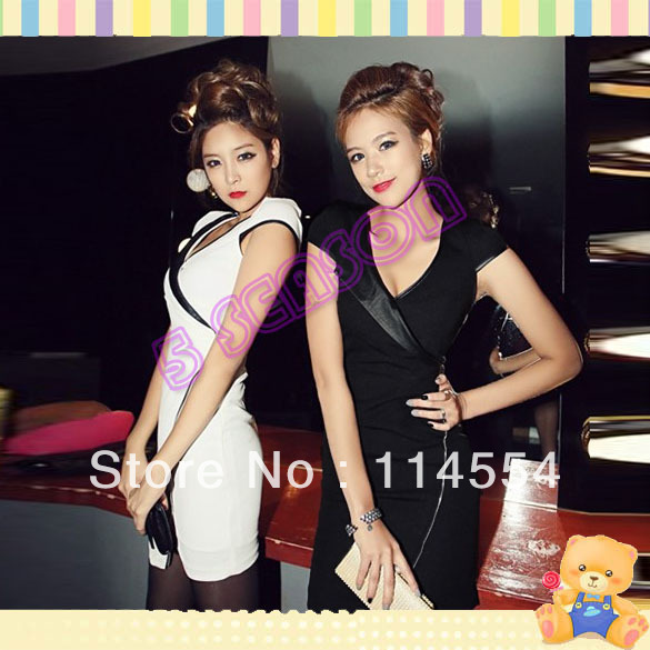 Free Shipping Summer New Ladies Leather Splicing V-neck Short Sleeve Mini Skirt Dress 11151