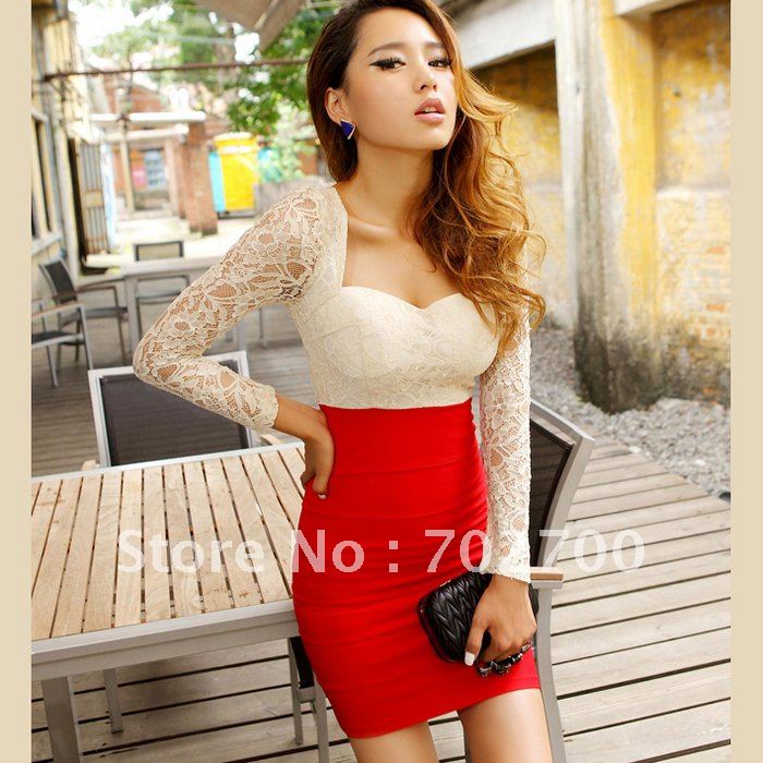 Free Shipping Summer New Women full Sleeve Lace stitching wrap chest high waist Sexy Dress K295 Holiday Sale