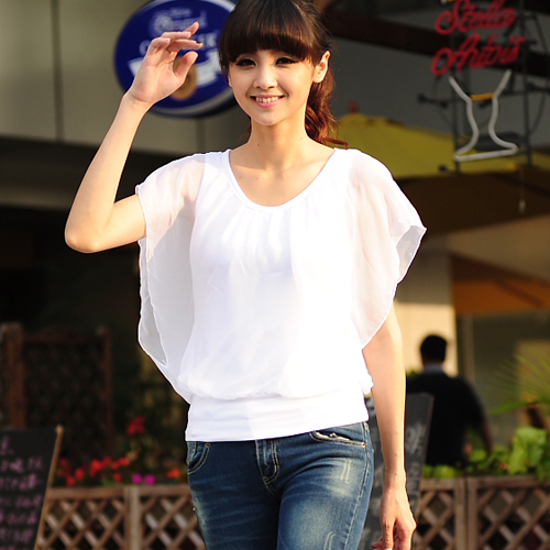 Free shipping Summer plus size chiffon shirt loose ruffle short-sleeve T-shirt female batwing sleeve t shirt small