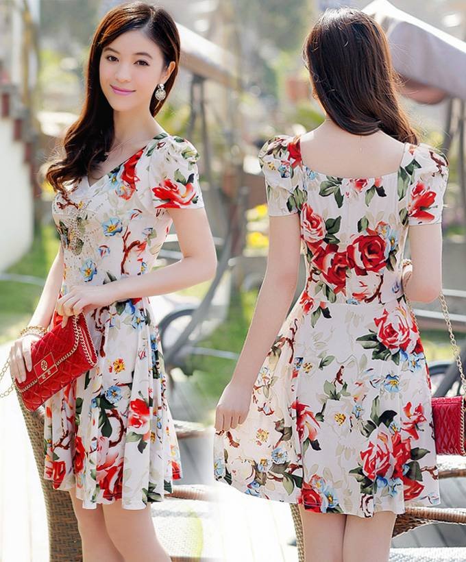 free Shipping summer Sexy v collar Short sleeve elegant rayon flowers printed chest diamond women casual dress wholesale price