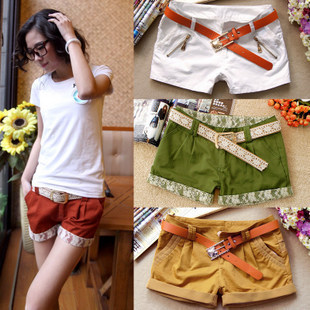 Free shipping! Summer shorts women's straight shorts low-waist lace decoration with belt