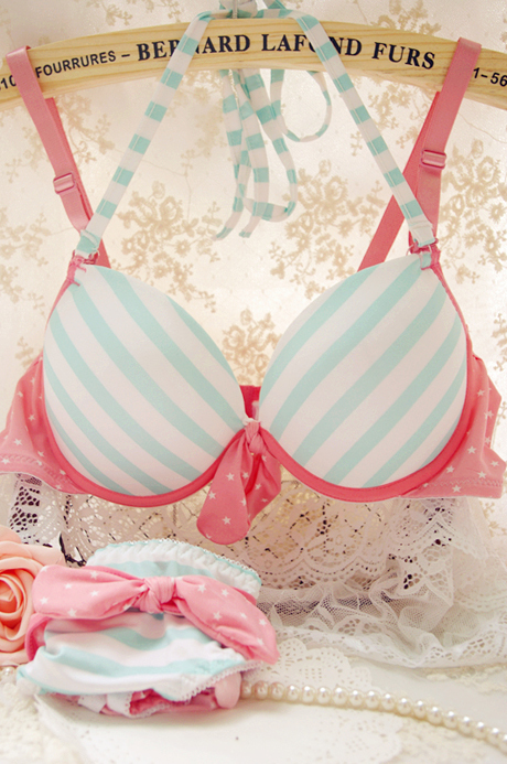 Free shipping Summer small fresh navy style light green stripe pink color block single-bra underwear wholesale