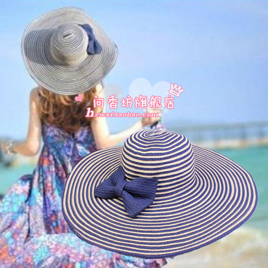 Free Shipping Summer strawhat female big bow stripe strawhat sunbonnet large brim hat beach cap sun hat big hat along