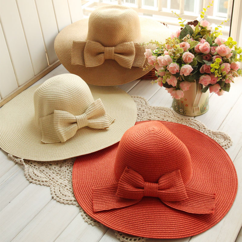 Free Shipping Summer sunbonnet beach cap large brim hat big along the cap bow straw braid strawhat female