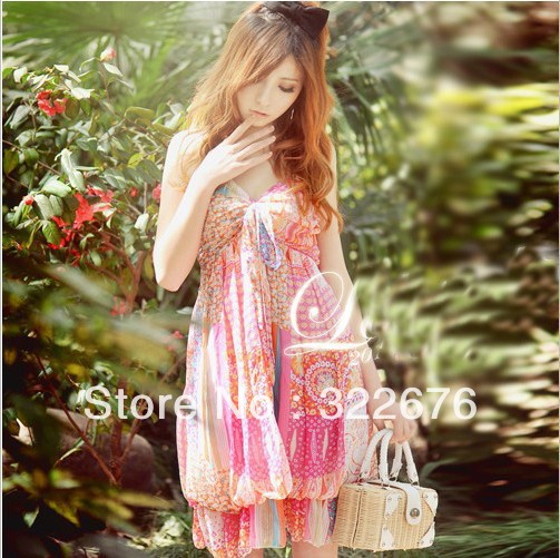 Free Shipping Summer Sweet Bohemian Beach Shivering Flower Flouncing Lap Color Block Halter Elastic Chiffon Dress N10031302-1