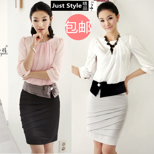 Free shipping Summer sweet gentlewomen ol chiffon three quarter sleeve work wear slim set professional white collar skirt