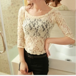 free shipping summer sweet lace crochet half sleeve slim short design basic shirt lace shirt female