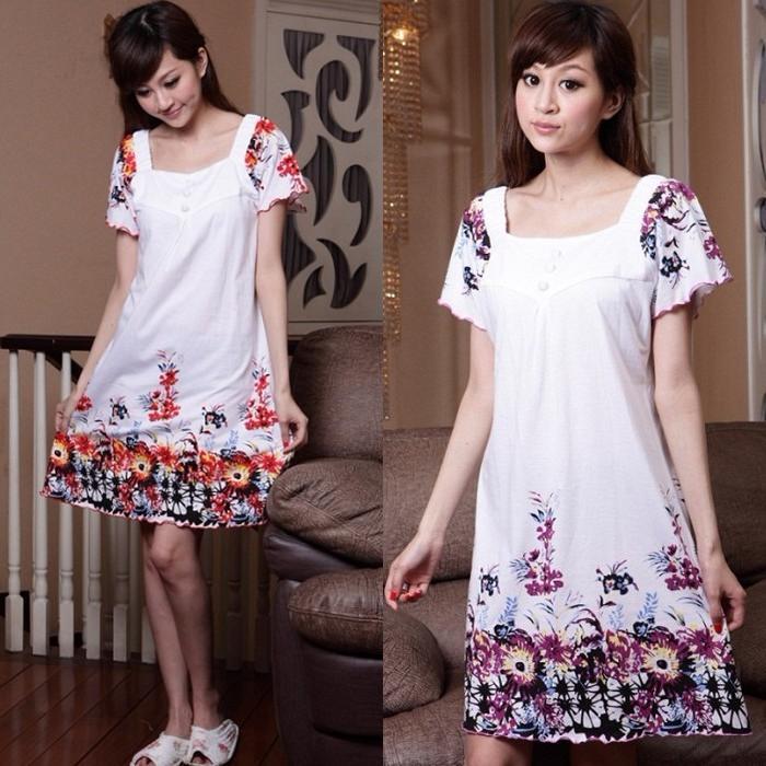 free shipping Summer Women flower 100% cotton nightgown female sleepwear 100% cotton short-sleeve nightgown lounge