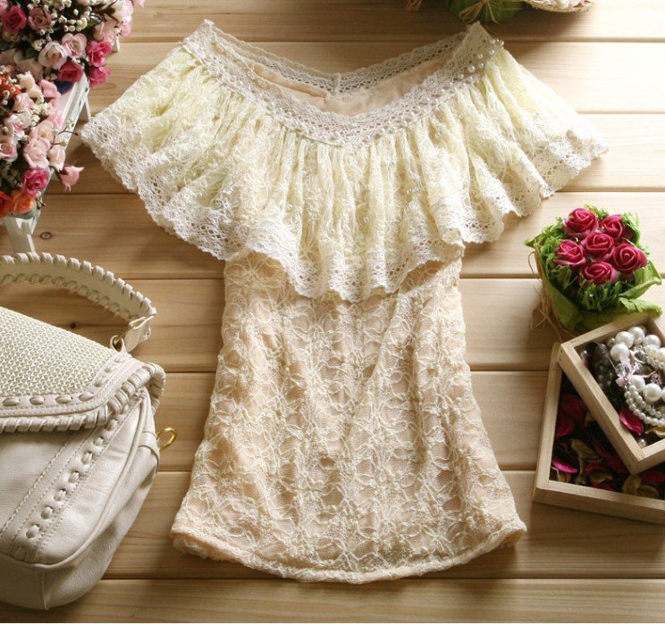 Free shipping-summer women's clothing slim cape collar ruffle neck lace blouses pink& light green high quality