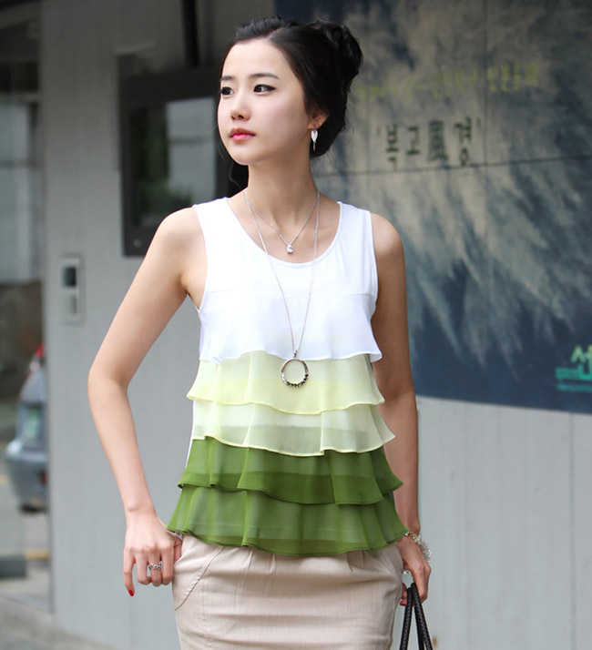 Free Shipping Summer women's gentlewomen gradient color cake chiffon shirt chiffon top