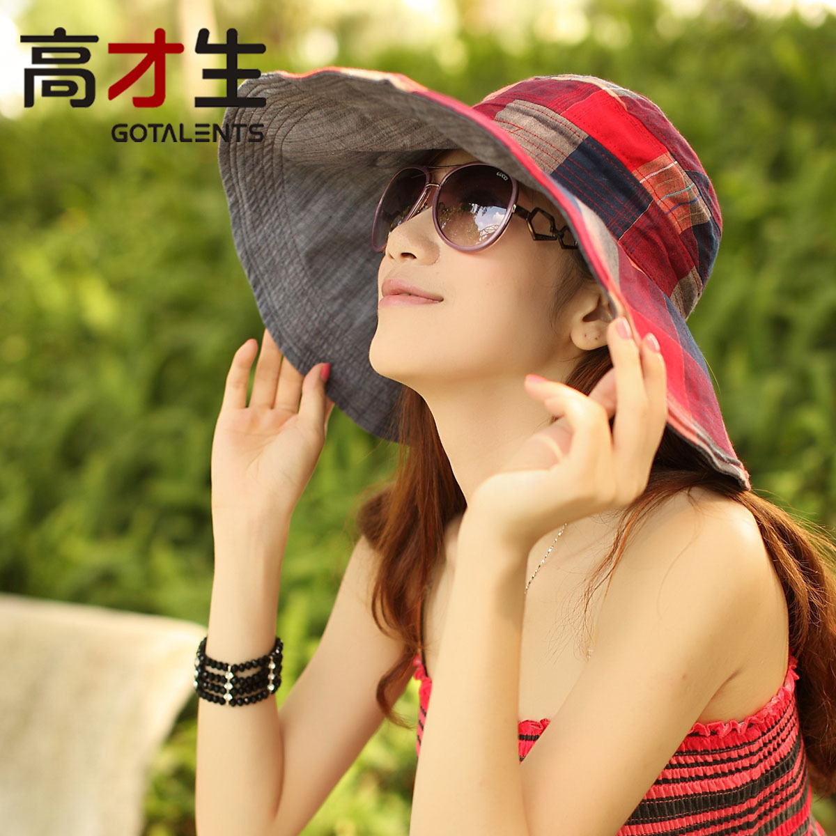 Free shipping Summer women's large brim sunbonnet outdoor folding cloth sun hat fashion check sun hat