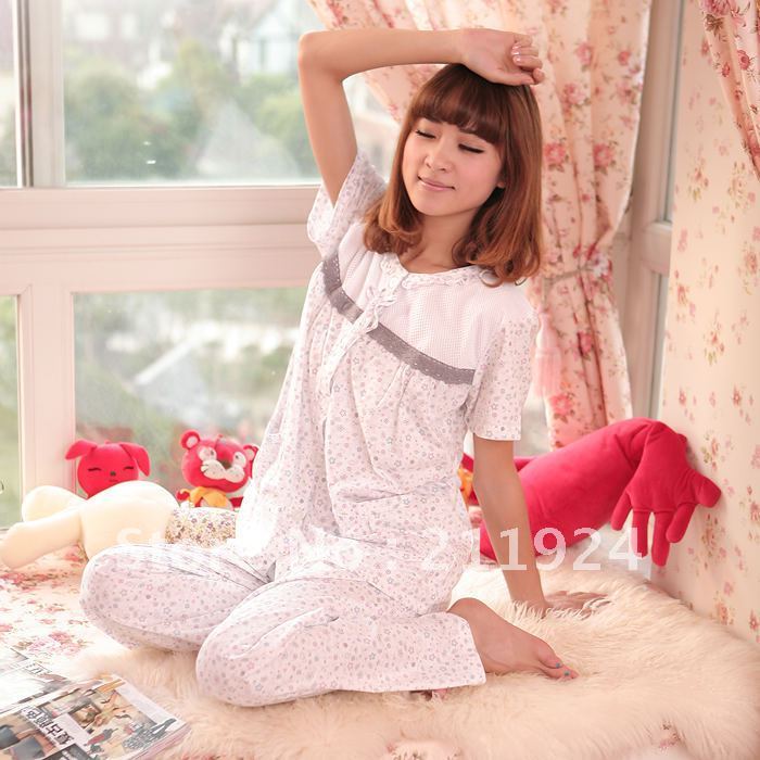 Free  shipping Summer women's short sleeve length pants cotton sleepwear lounge twinset 23074