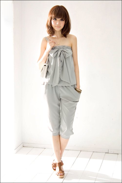 Free Shipping Summer Womens Fashion Bowknot Double Pocket Strapless Jumpsuits Pants Gray/Black R8816