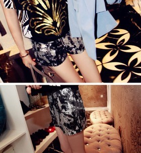 Free shipping sumptuous patckwork PU leather sequins Hot shorts