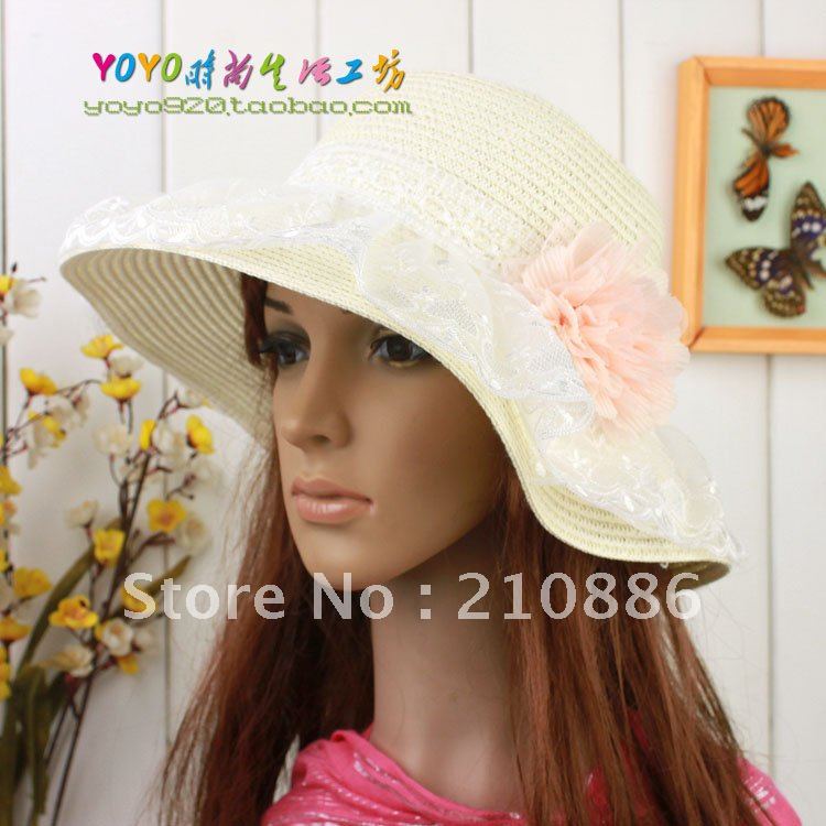 free shipping/sun beach hat/straw hat/women's fashion  hat with flower/ wild brim/ST02-3
