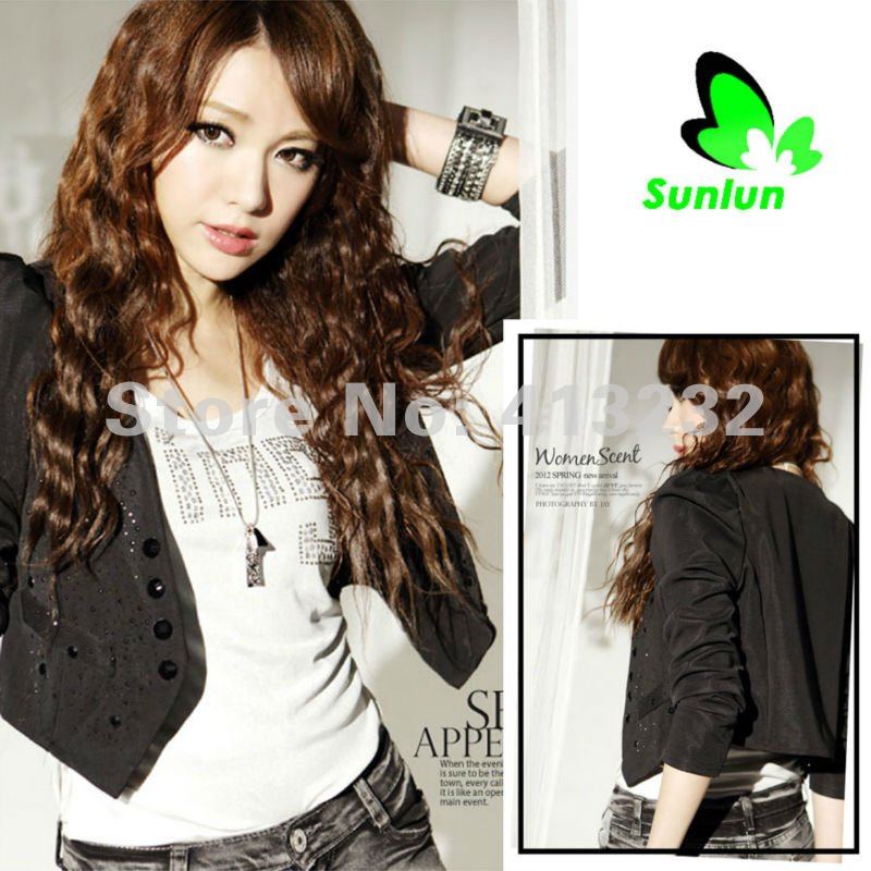 Free Shipping Sunlun Fantasy Zone 2012 New Ladies' Fashion Slim Hot Fix Rhinestone Collarless Coat Mini Jacket Outerwear Coat