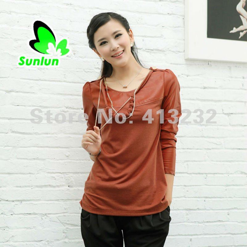 Free Shipping Sunlun Fantasy Zone Ladies' Fashion Necklace Decorated Leather Split Joint Long Sleeve Shirt Women Blouses 2012