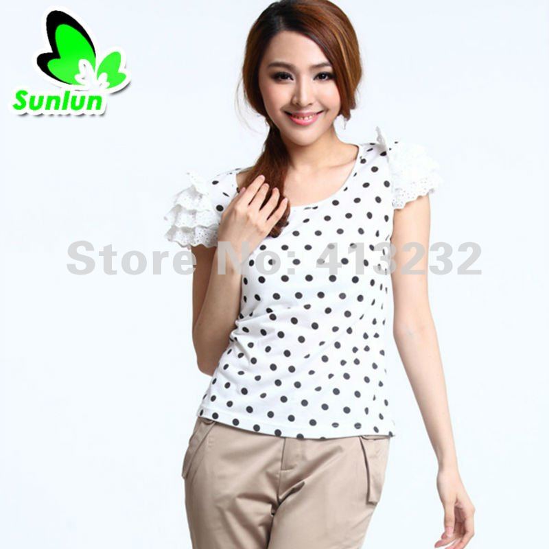 Free Shipping Sunlun Fantasy Zone Ladies' Korean Lace Lotus Sleeve Dot Cute Shirt Women Clothing 2012 New Arrival