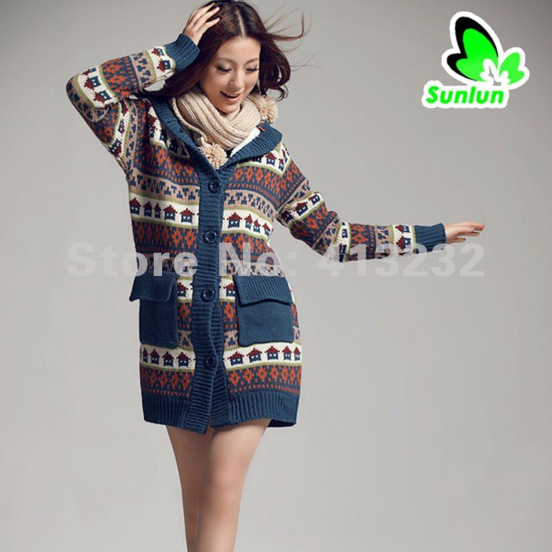 Free Shipping Sunlun Fantasy Zone Ladies' Long Section Cute Hooded Snow And House Sweater Women Sweater 2012 New Arrival