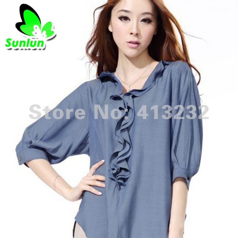 Free Shipping Sunlun Fantasy Zone Ladies' New Lotus Edge V-neck Shirt Three Colors Available Fashion Shirt