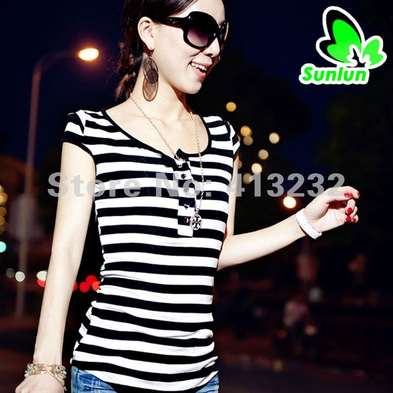 Free Shipping Sunlun Fantasy Zone Ladies' Sexy Lace Stitching Stripe Shoulder Pads T-shirt Women Shirt