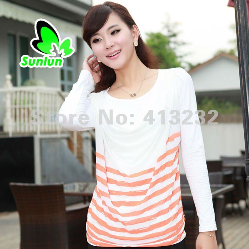 Free Shipping Sunlun Fantasy Zone Ladies' Stylish Simplicity  Stripes Stitching Shirt Fashion Shirt Black And White